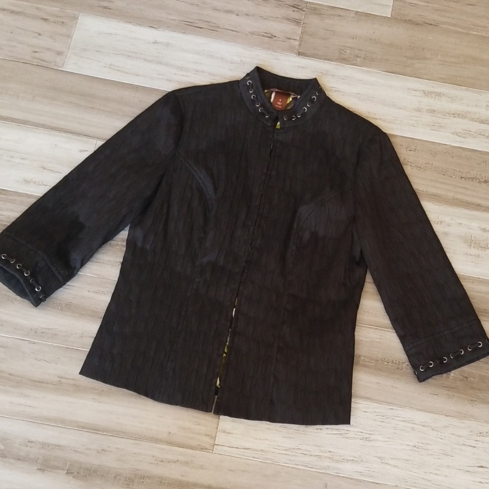 Multiples Lace Up Grommet Collar Crepe Zip Up Blazer Jacket